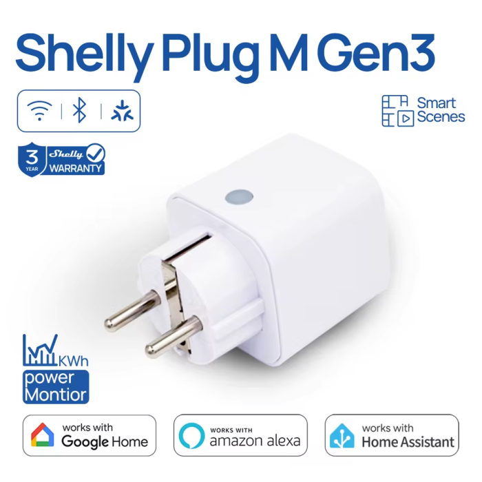 Розумна розетка Shelly Plug M Gen3 з енергомоніторингом 13A Matter, Wi-Fi, Bluetooth - Apple Home, Google Home
